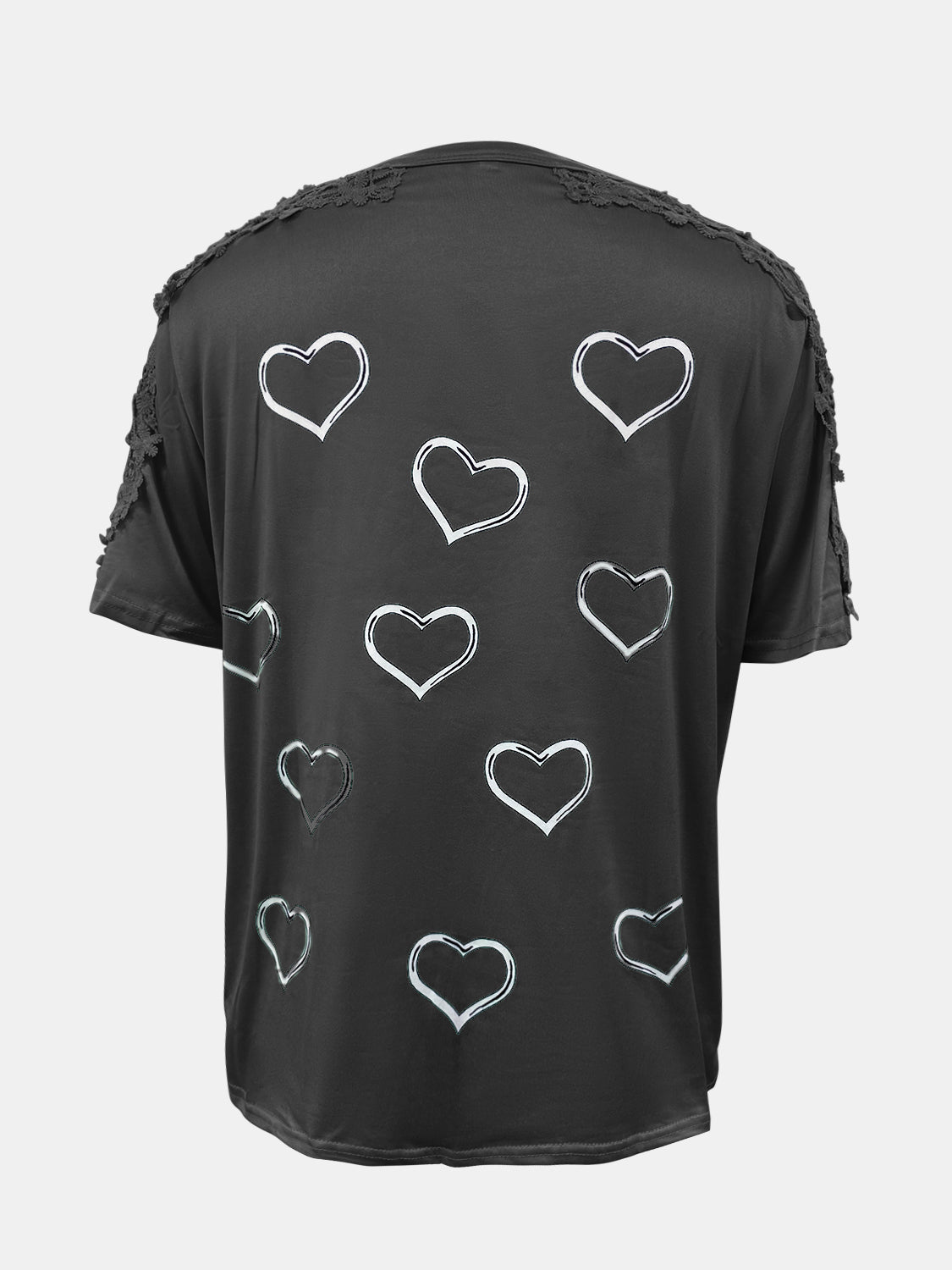 Black t-shirt with white heart print and lace trim on shoulders and sleeves.