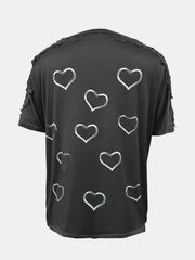 Black t-shirt with white heart print and lace trim on shoulders and sleeves.