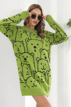 Yellow-green acrylic knit dress with allover black bear motif, crew neck, long sleeves.