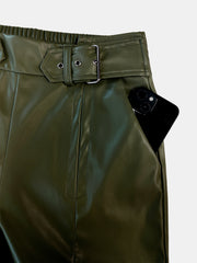 Moss faux leather palazzo trousers with belted waist and pocket detail.
