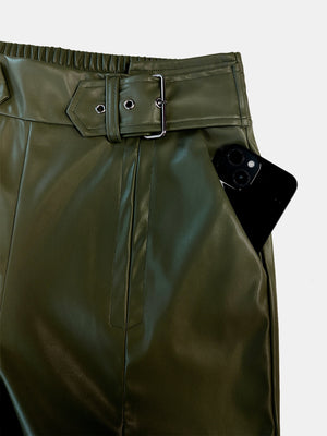 Moss faux leather palazzo trousers with belted waist and pocket detail.