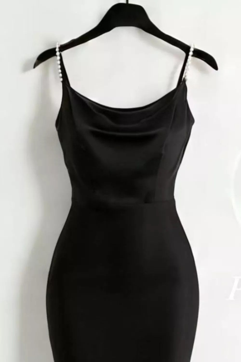 Black satin cowl neck maxi dress with pearl-embellished straps