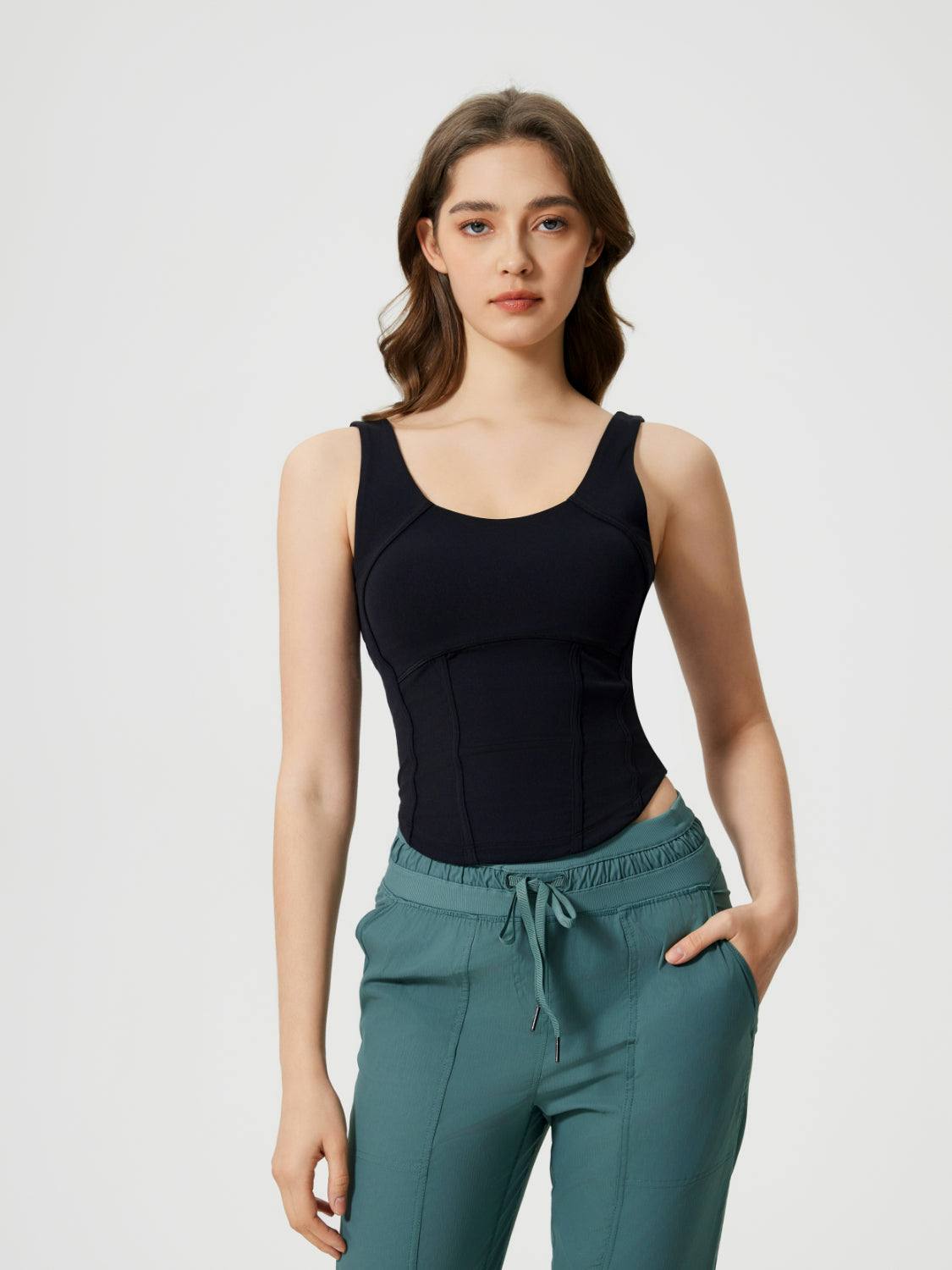 Black sculpted seam tank top with built-in support and scoop neckline.