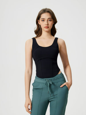 Black sculpted seam tank top with built-in support and scoop neckline.