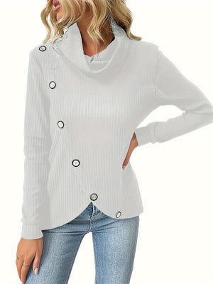 White ribbed turtleneck sweater with asymmetric button detail