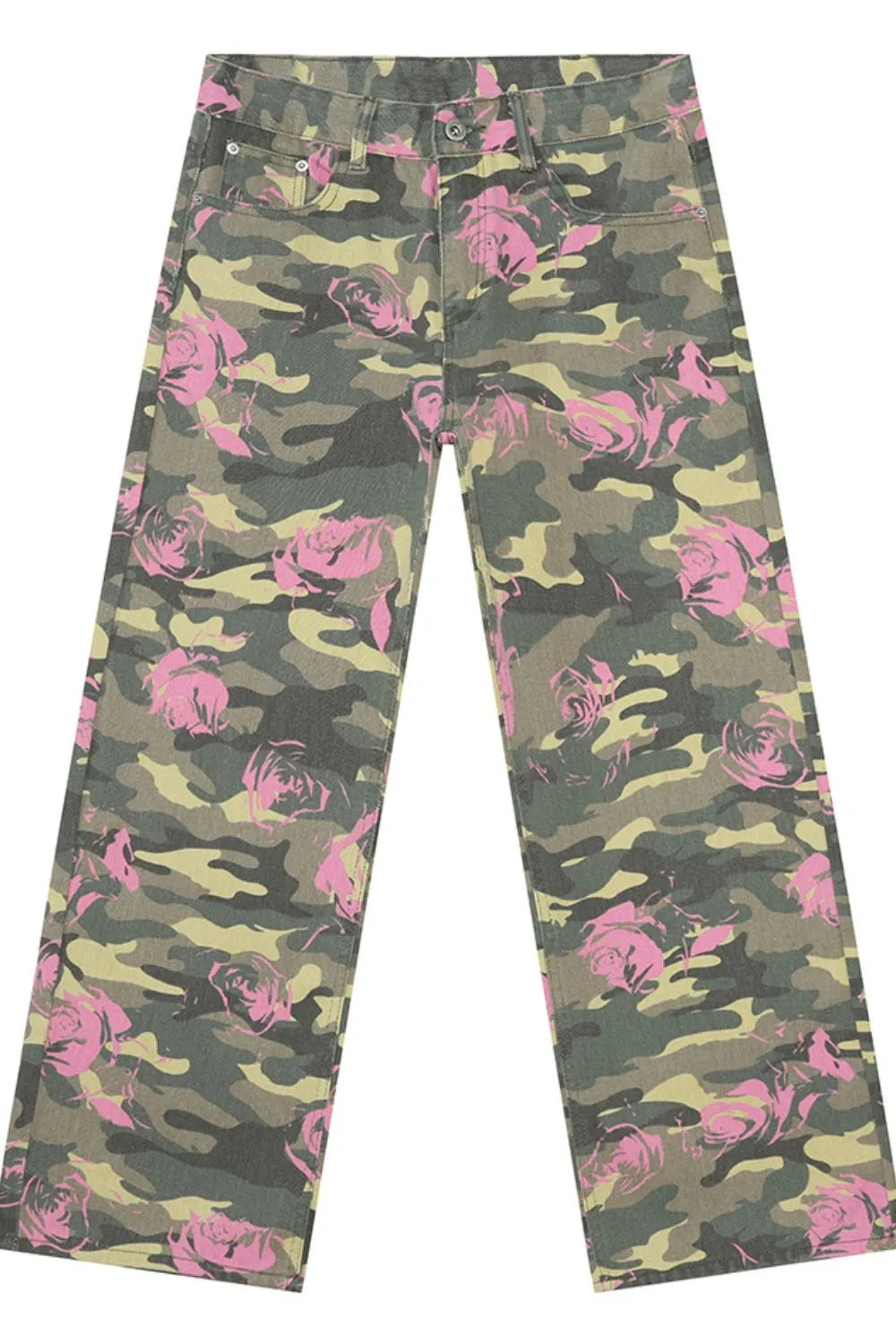 Camouflage wide-leg denim trousers with pink roses pattern.
