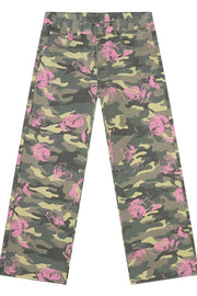 Camouflage wide-leg denim trousers with pink roses pattern.