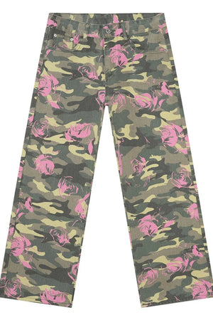 Camouflage wide-leg denim trousers with pink roses pattern.