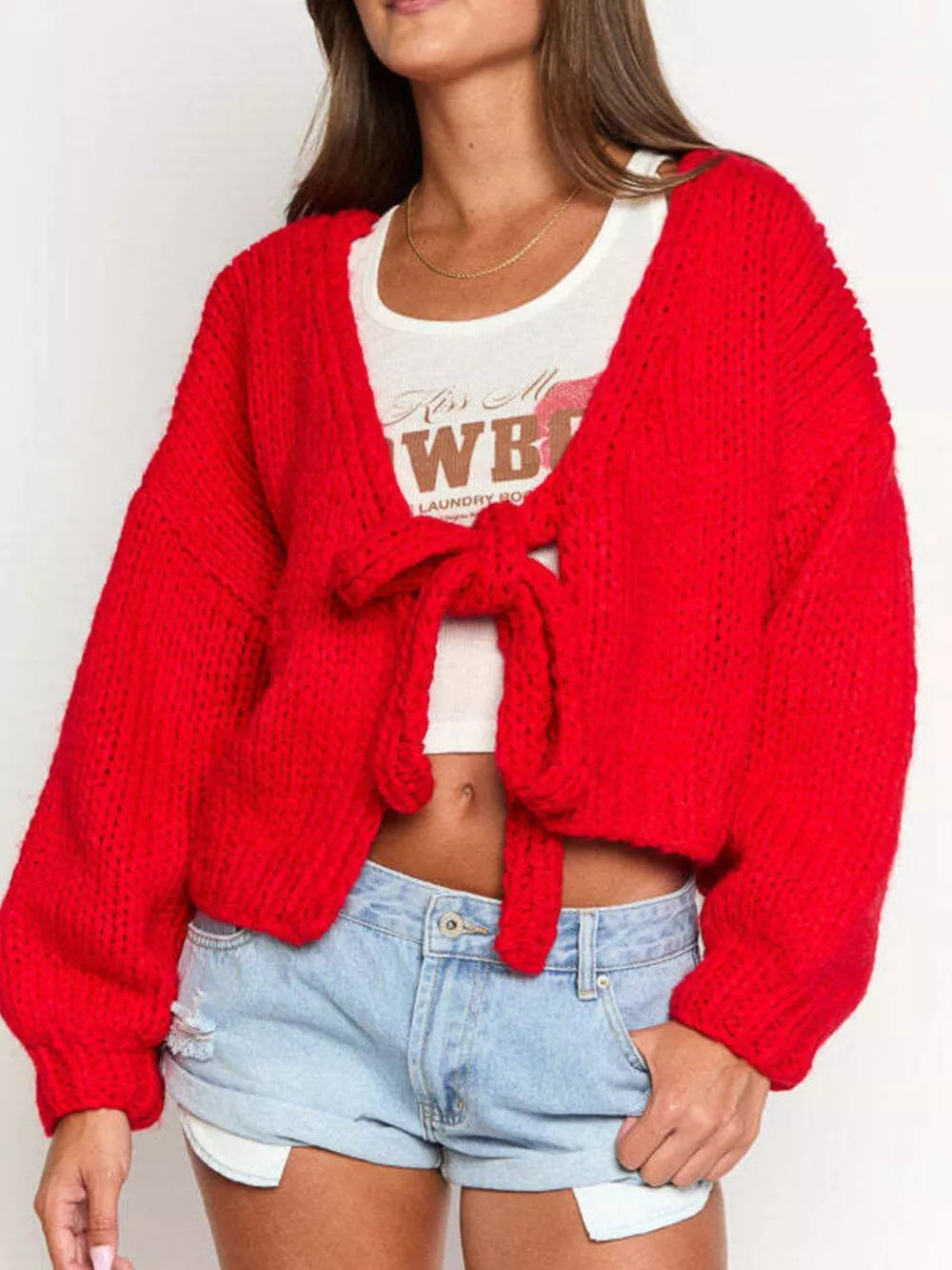 Scarlet tie-front knit cardigan with textured chunky knit and balloon sleeves.