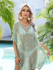 Openwork knit beach cover-up in green with chevron pattern and tassels.