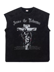 Black cotton graphic tank top with Jesus the Redeemer graphic and text.