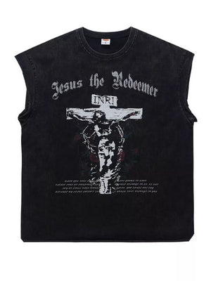 Black cotton graphic tank top with Jesus the Redeemer graphic and text.