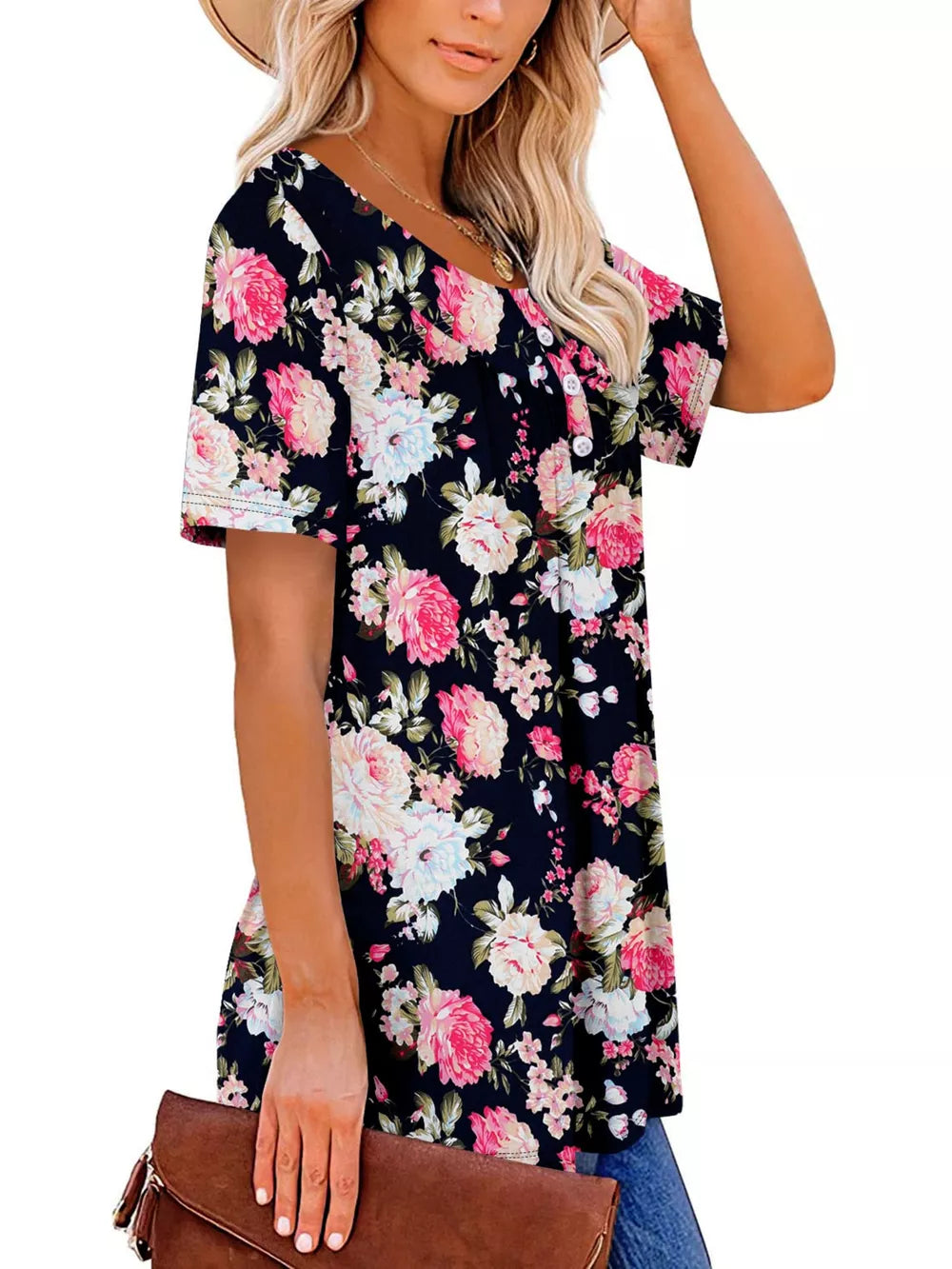 Black floral ruched v-neck t-shirt with button detail and short sleeves.