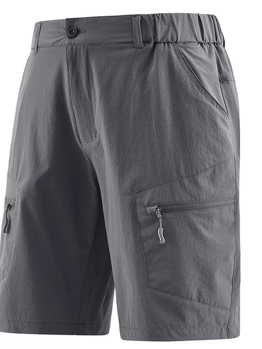 Lightweight gray cargo shorts for men with elastic waistband and zippered pockets.