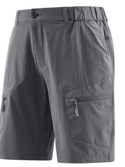 Lightweight gray cargo shorts for men with elastic waistband and zippered pockets.