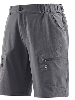 Lightweight gray cargo shorts for men with elastic waistband and zippered pockets.