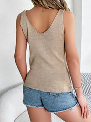 Camel openwork knit cami with V-neck and ribbed hem.