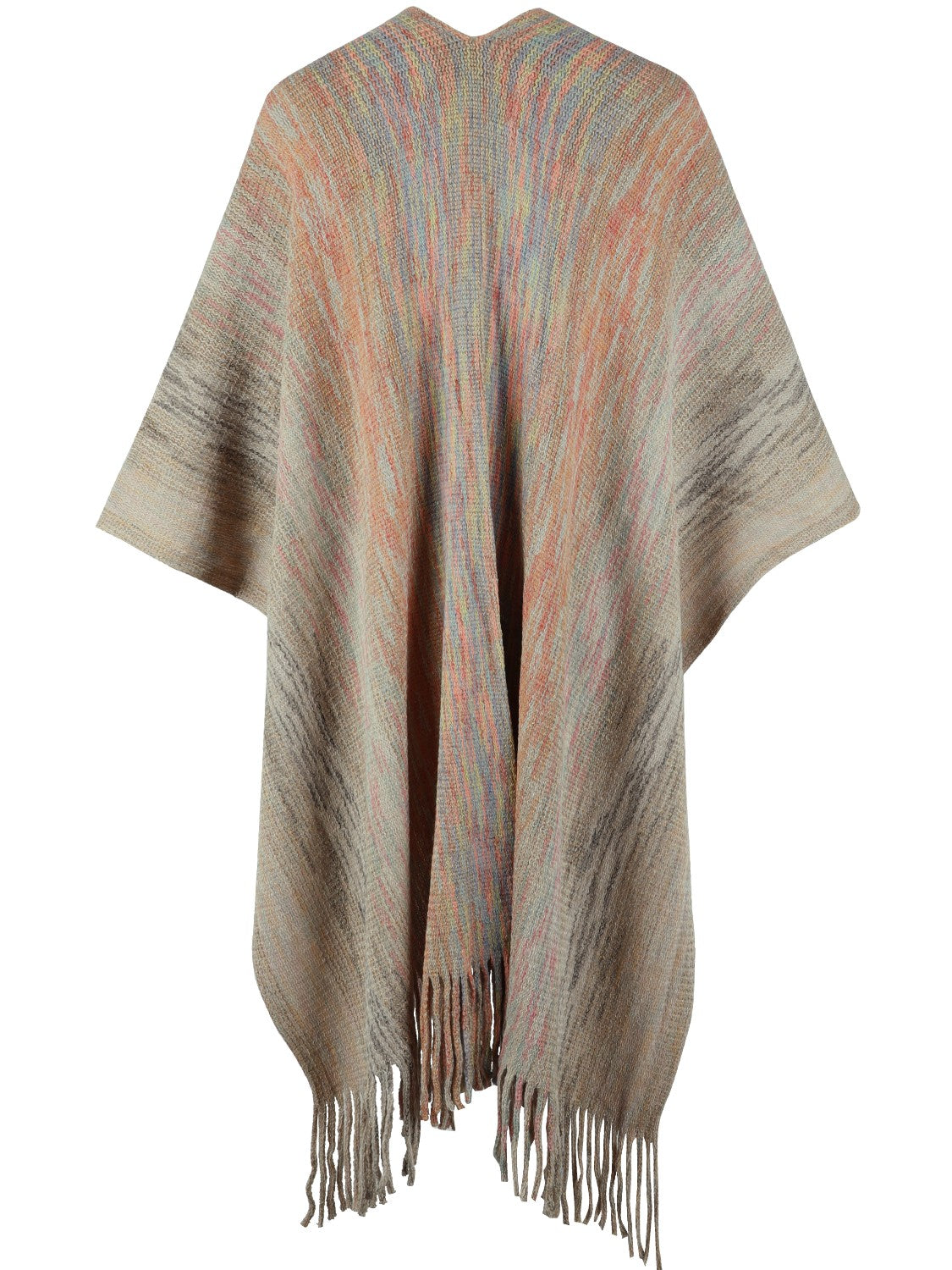Knit wrap coat with fringe and striped pattern in earthy tones and multicolor stripes.
