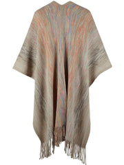 Knit wrap coat with fringe and striped pattern in earthy tones and multicolor stripes.
