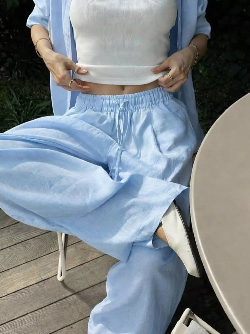 Button Up Shirt And Drawstring Pants Set in Apricot, model styling view