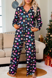 Navy blue loungewear set with festive bauble print, long sleeves, collared neckline, and drawstring waist pants.