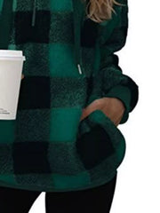 Green plaid sherpa drawstring hoodie with kangaroo pocket and cuffed sleeves.
