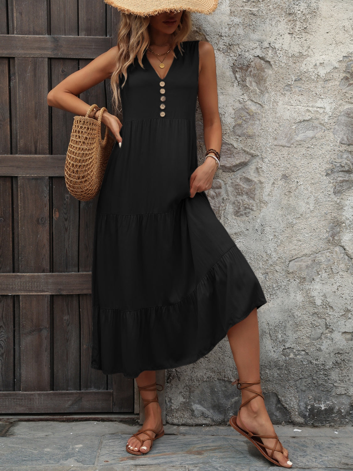 Black tiered midi sundress with V-neck and button detail