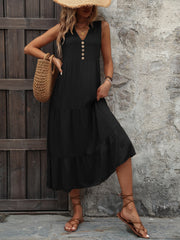 Black tiered midi sundress with V-neck and button detail