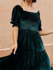 Velvet midi dress in Army Green with smocked bodice and ruffled short sleeves.