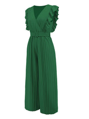 Dark green pleated ruffle wrap jumpsuit with belt
