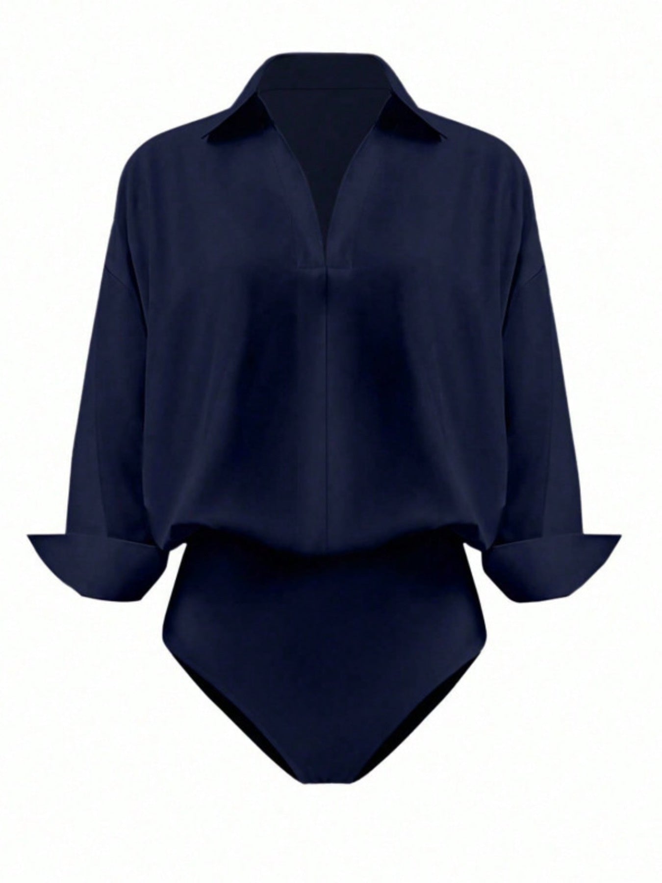 Navy blue collared long sleeve bodysuit with v-neck and cuffed sleeves