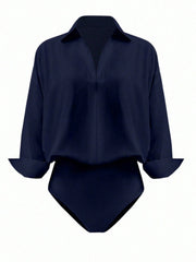 Navy blue collared long sleeve bodysuit with v-neck and cuffed sleeves
