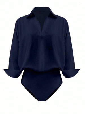 Navy blue collared long sleeve bodysuit with v-neck and cuffed sleeves