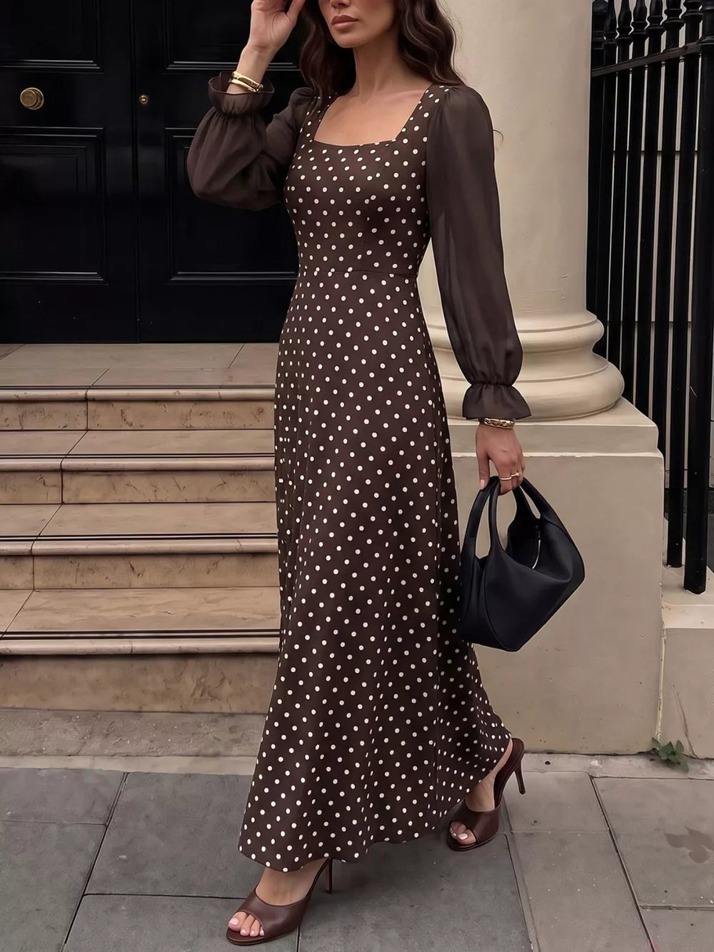 Polka Dot Square Neck Long Sleeve Maxi Dress in Brown, model styling view