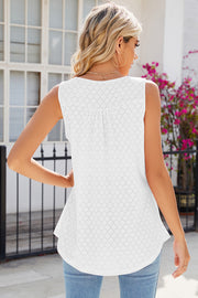 White eyelet button-front gathered tank top with a rounded hem.