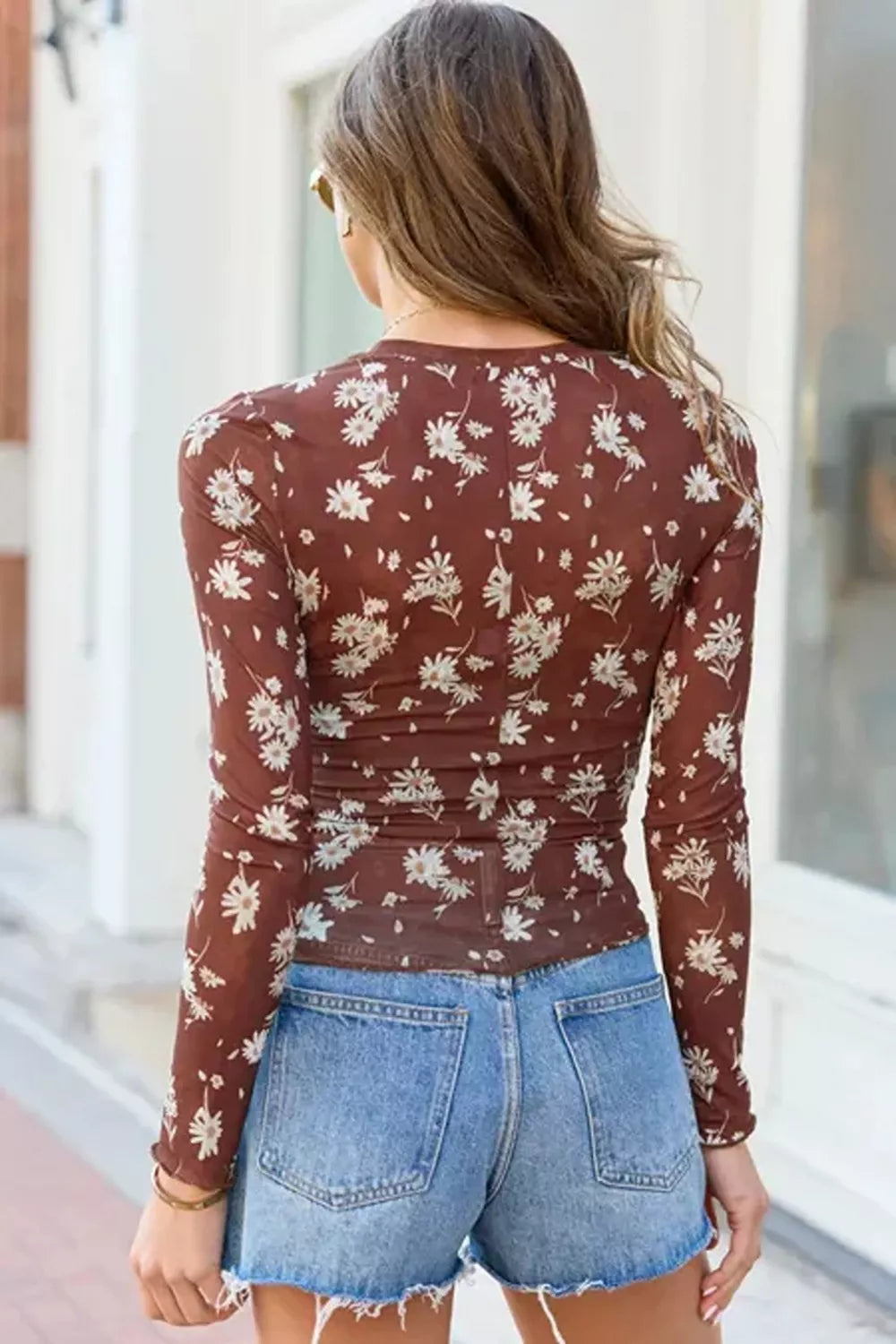 Floral Print Sheer Mesh Long Sleeve Top in Brown, side view