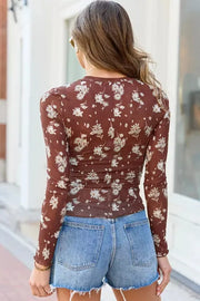 Floral Print Sheer Mesh Long Sleeve Top in Brown, side view