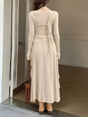 Ruffled Long Sleeve Knit Top And Maxi Skirt Set in Khaki, back view