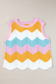 Chevron knit tank top with multicolor stripes and scalloped hem.