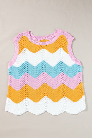 Chevron knit tank top with multicolor stripes and scalloped hem.