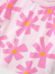 Pink cotton t-shirt for baby girls with a whimsical pink flower print and yellow centers.