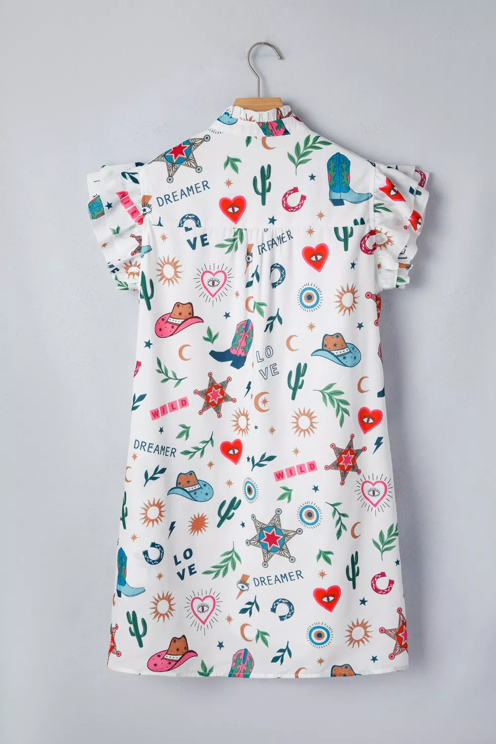 White polyester mini dress with western print, flutter sleeves, and button-down style.