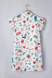White polyester mini dress with western print, flutter sleeves, and button-down style.