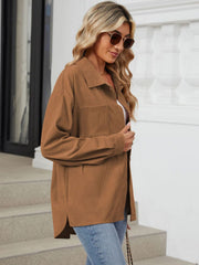 Caramel corduroy overshirt with patch pockets and buttoned front.