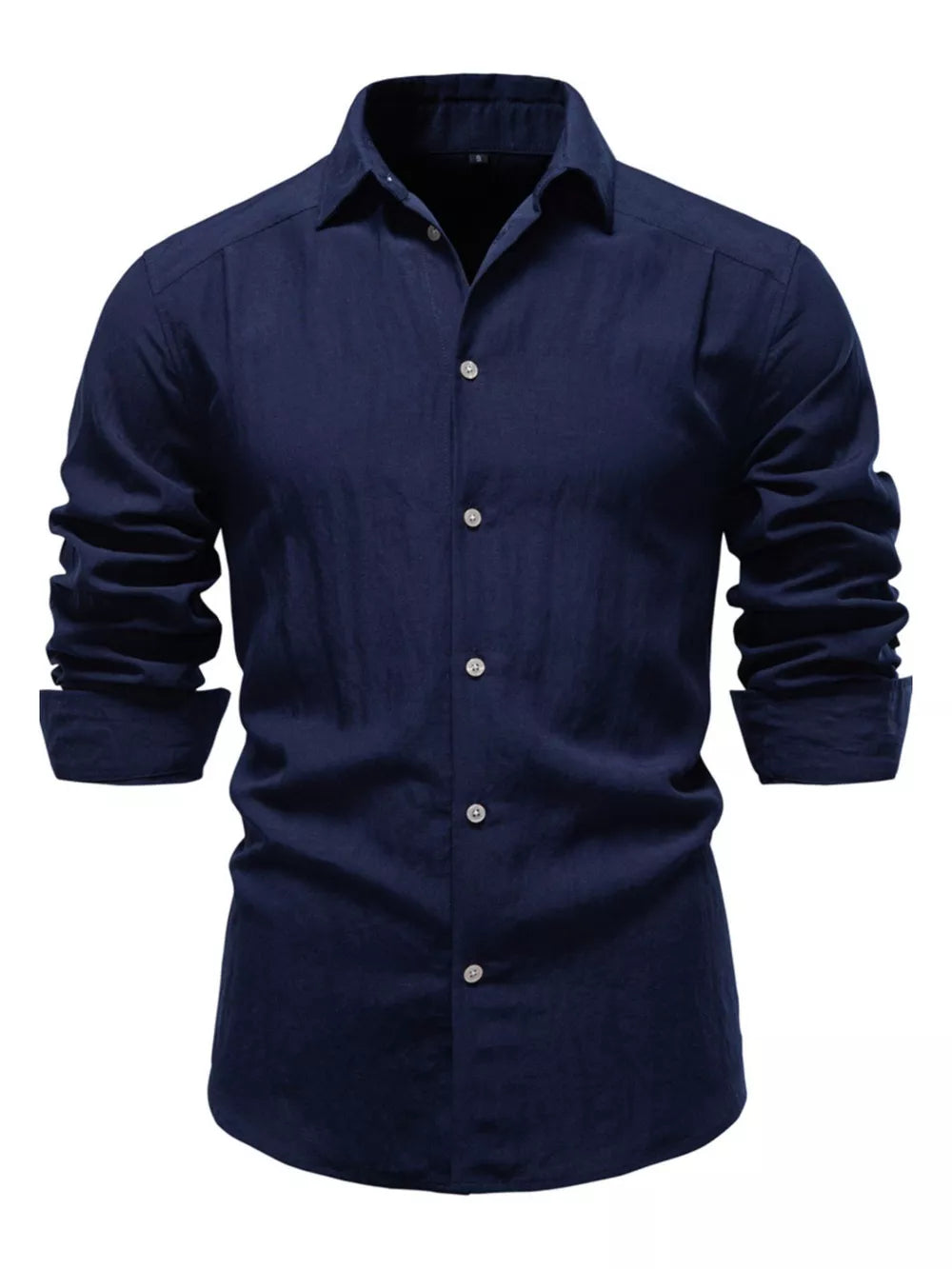 Navy blue cotton button-up shirt with classic collar and long sleeves.