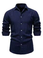 Navy blue cotton button-up shirt with classic collar and long sleeves.