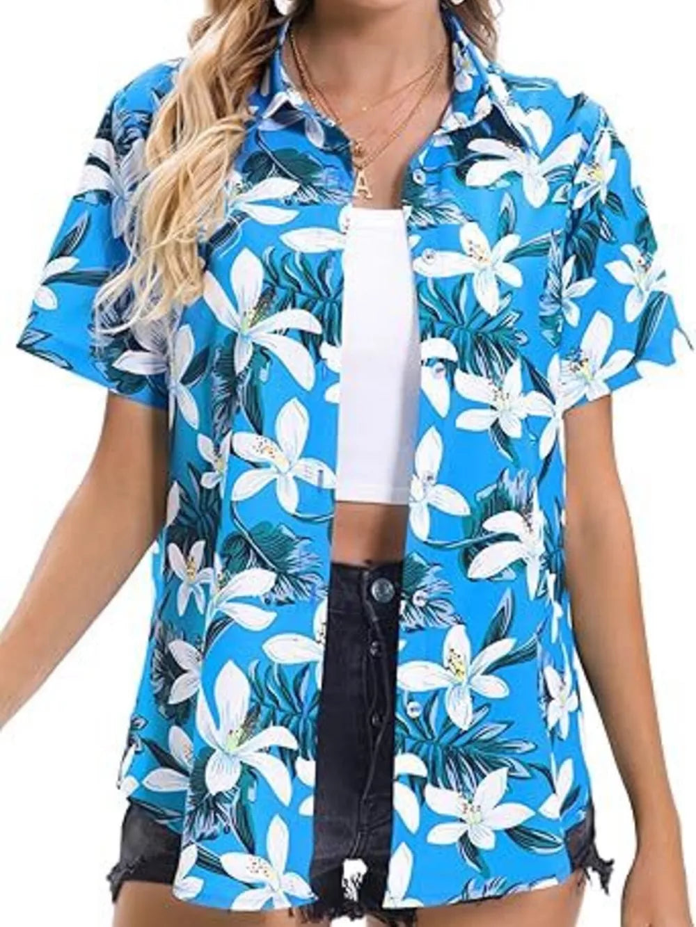 Tropical hibiscus print button-up shirt in Sky Blue with short sleeves and a collared neckline.