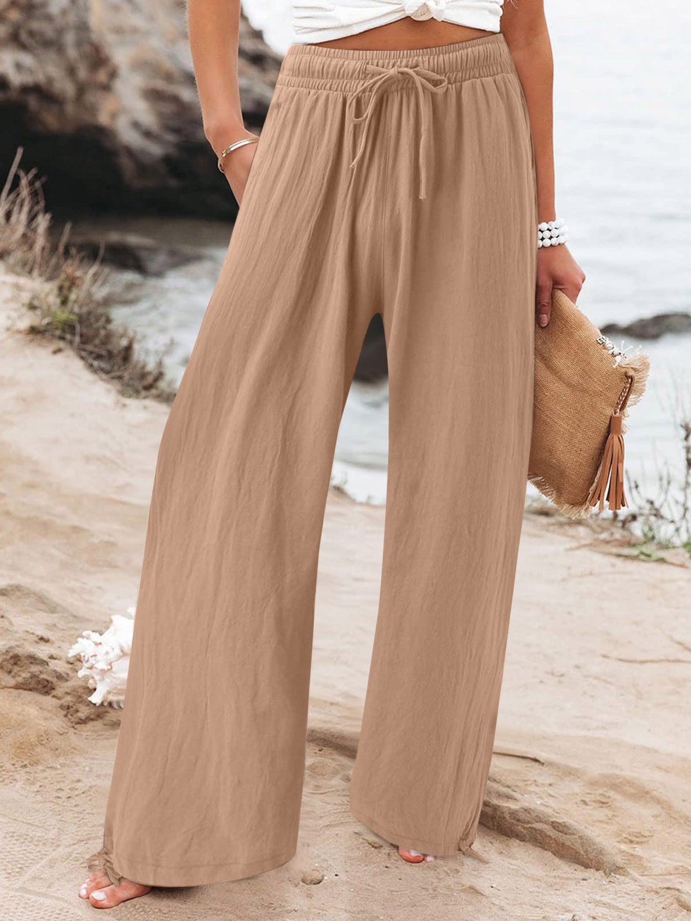 Full Size Drawstring Wide Leg Pants Plus Size in Fuchsia, product detail