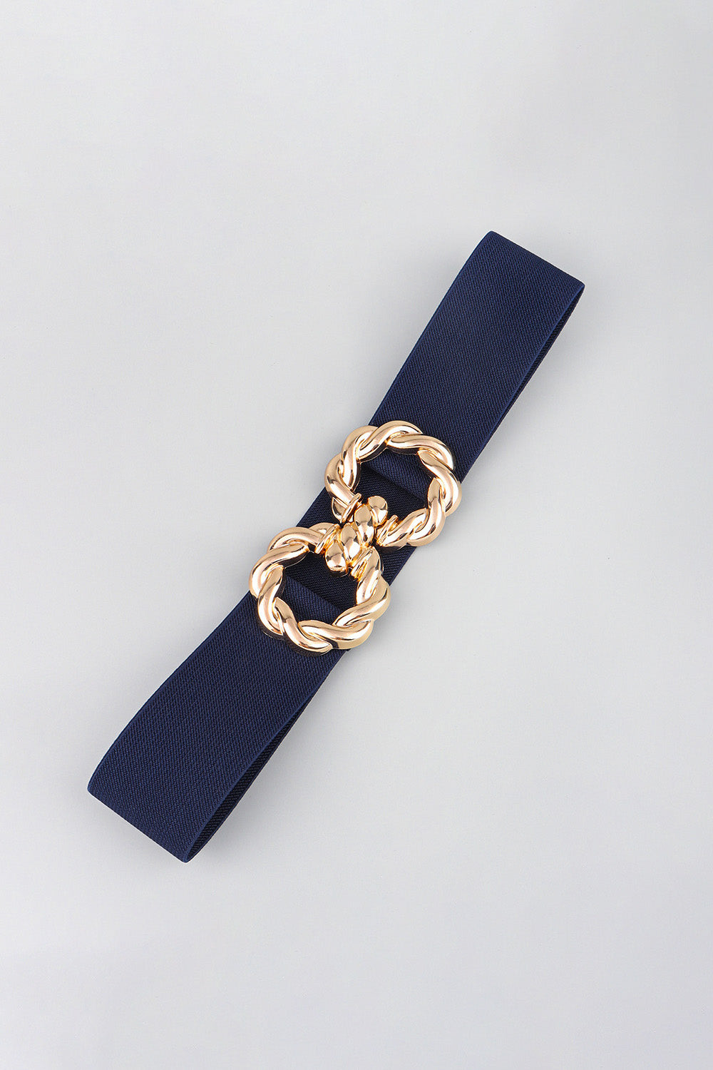Dark blue stretch belt with gold braided knot buckle detail