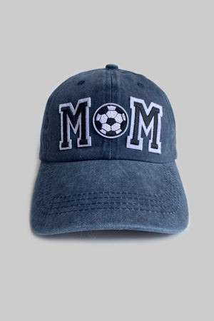 Dusty Blue baseball cap with embroidered MOM and soccer ball detail